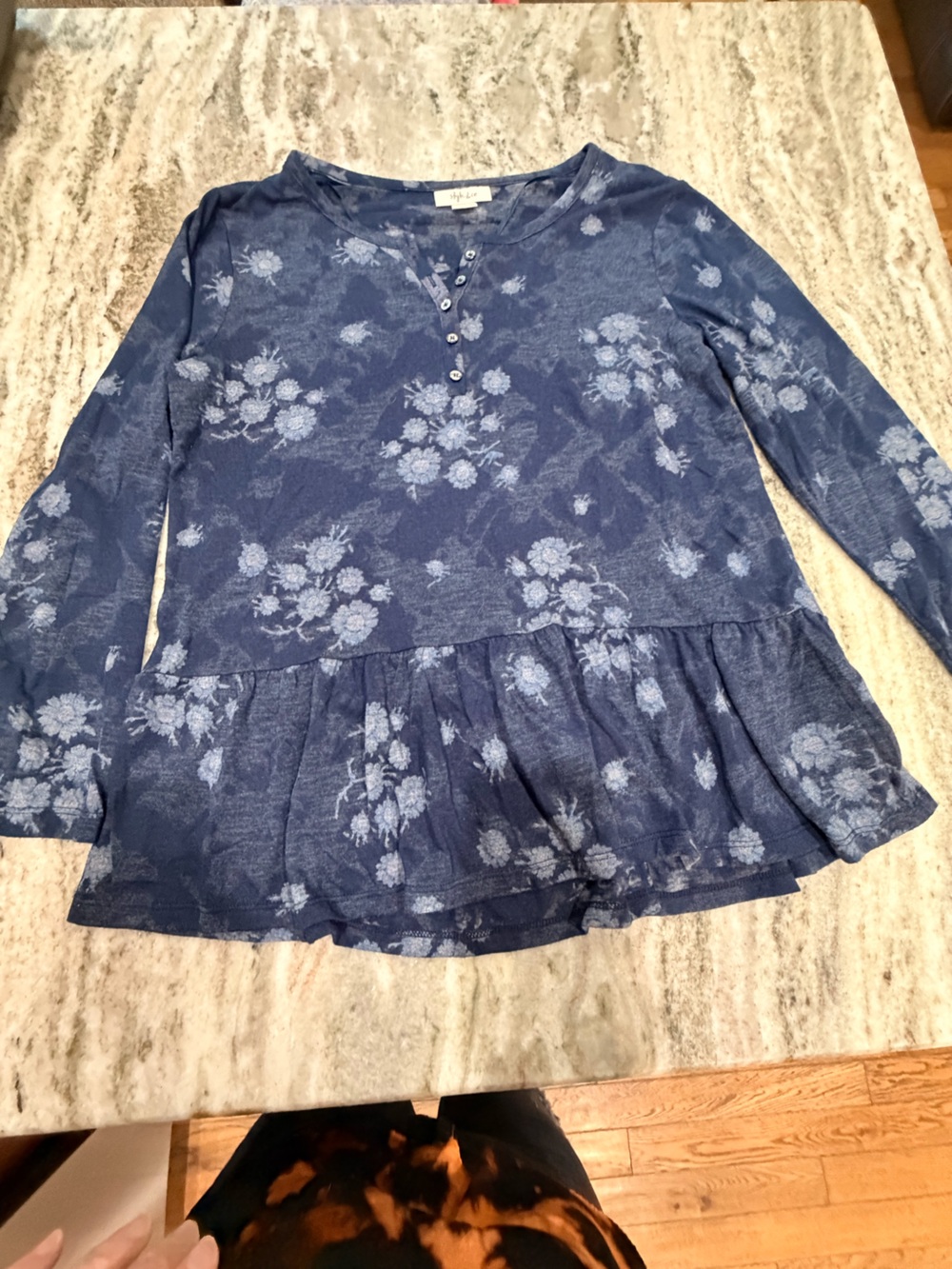 Style & Co. Blue Floral Peplum Henley Top